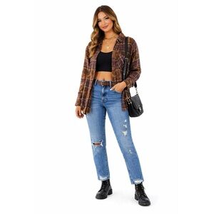MYSTREE Boutique Brown Plaid Flannel Top